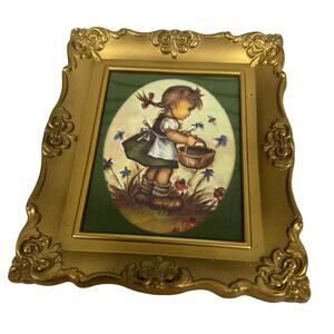VTG Hummel Girl Basket Butterflies Bees Ornate Framed Art Print Victorian Style